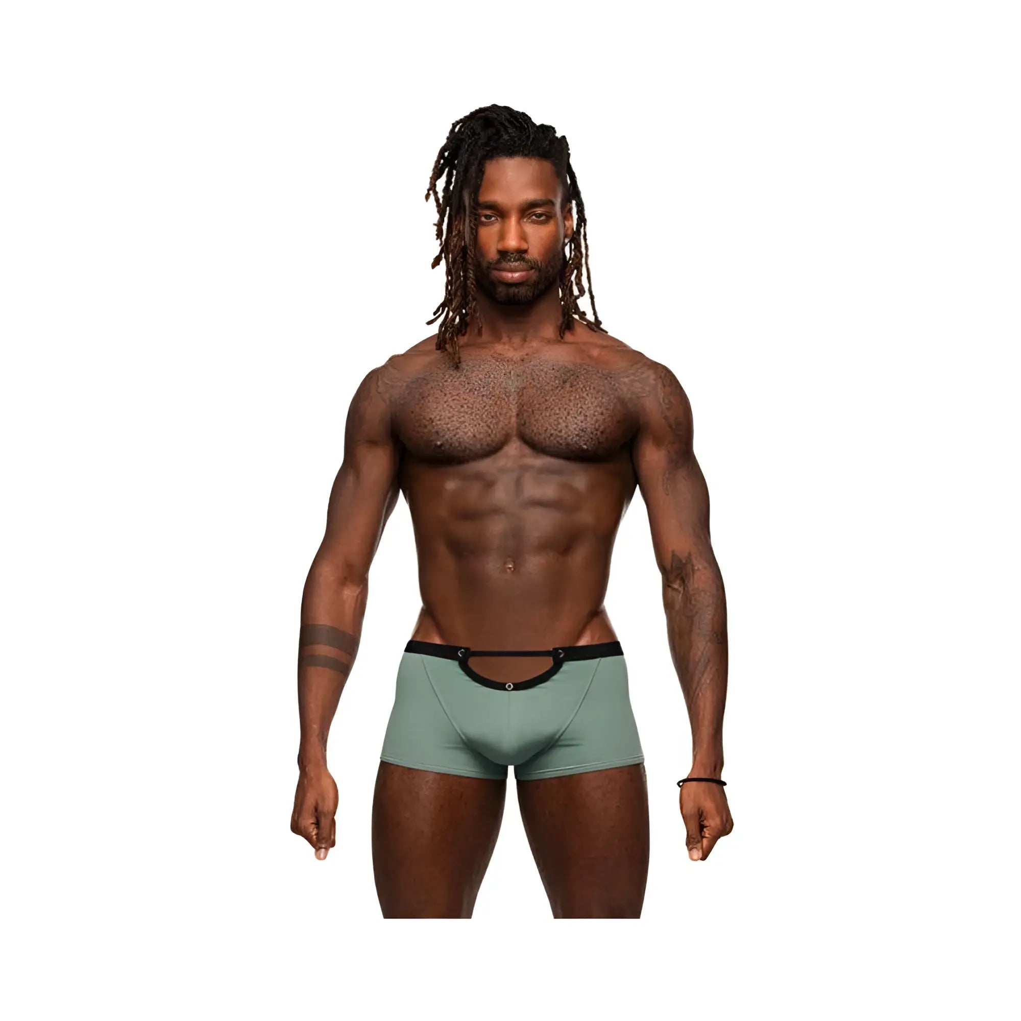 A pair of sage green male power magnificence mini short boxer briefs with black waistband and circular cutout design
