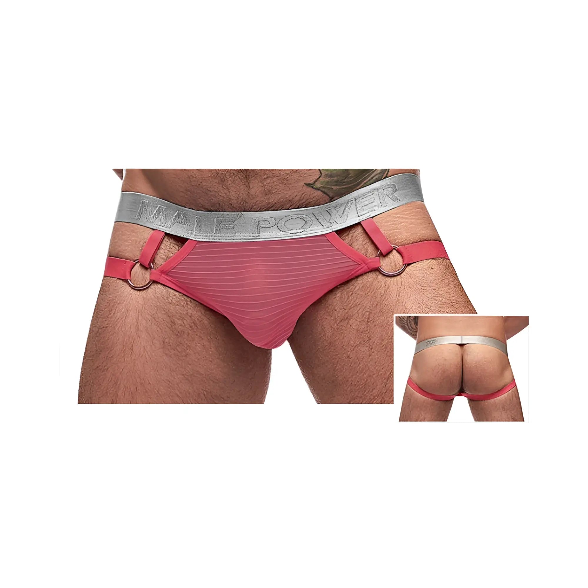 Male power mesh rib jock ring salmon lxl briefs with pink stripes silver waistband and red side straps with metal rings
