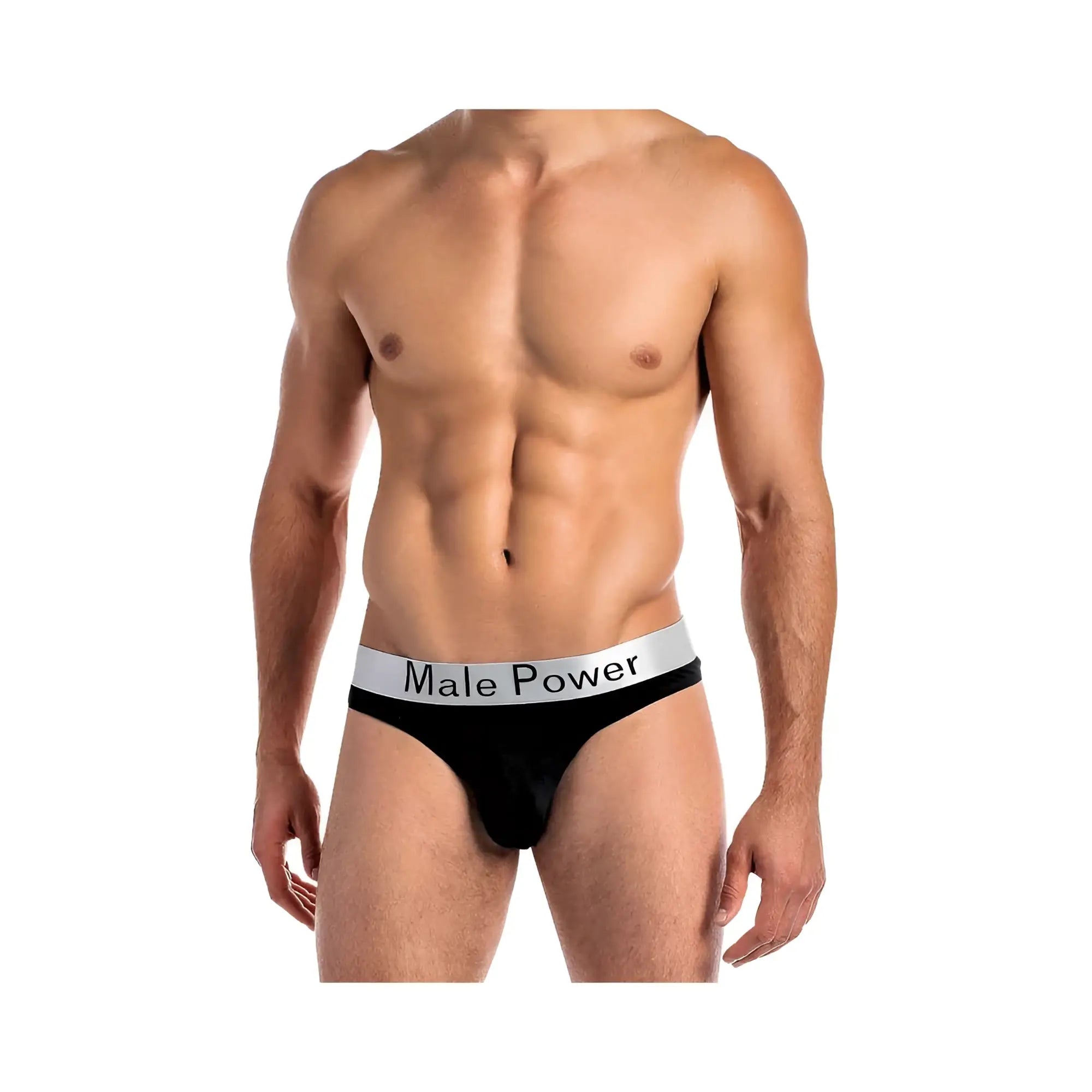Black male power modal basics lo rise thong with silver waistband and male power logo in black text size s/m