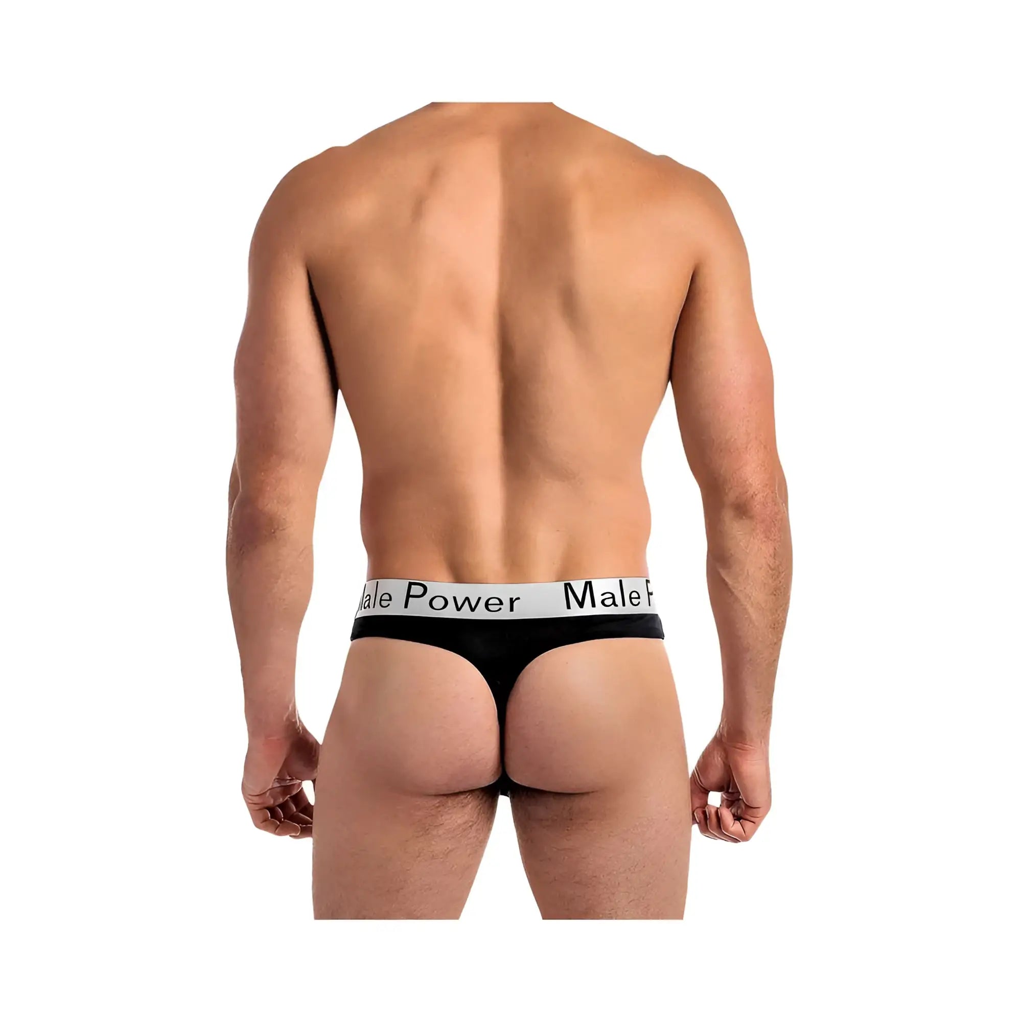Black male modal basics lo rise thong with white waistband featuring male power text in size s/m showing front view