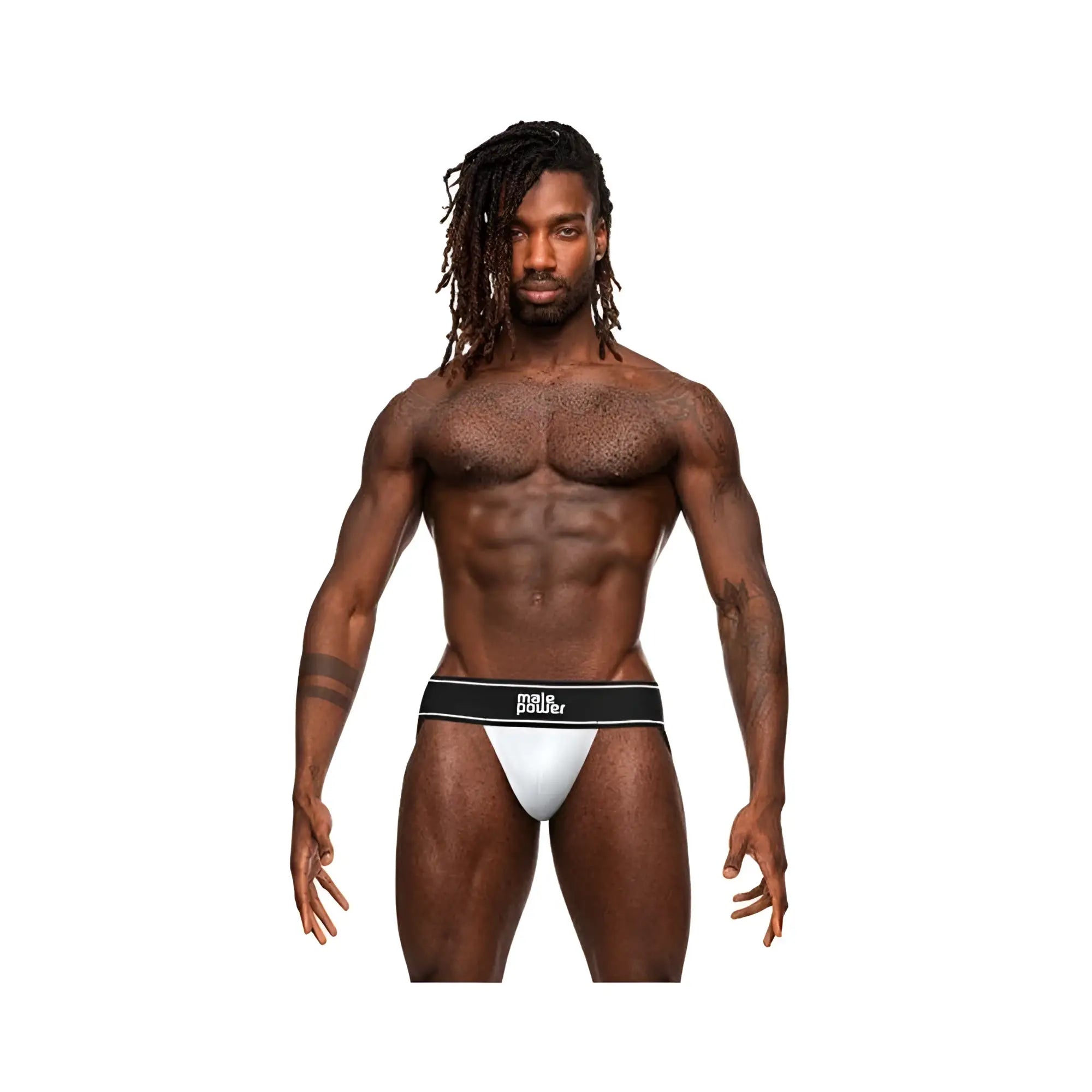 White male modal rib briefs with black mars power logo waistband in size small medium for comfortable support