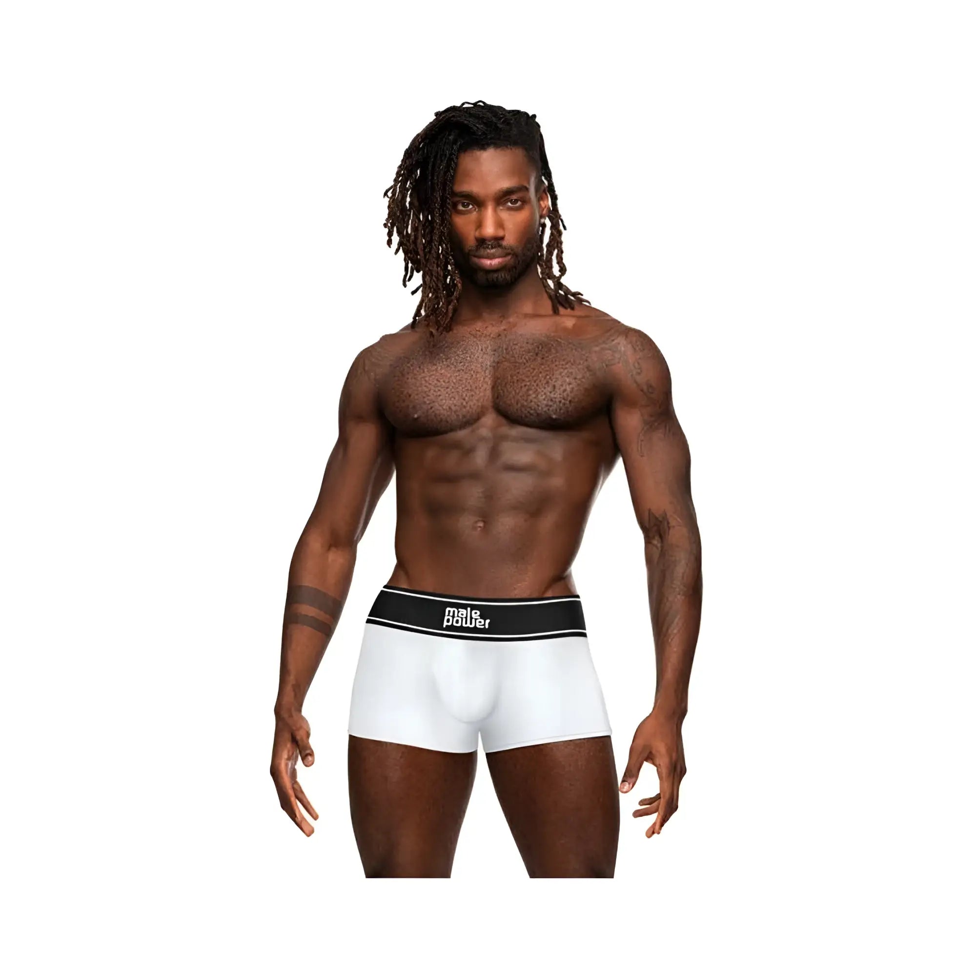 White men’s modal rib pouch boxer briefs in white with black waistband featuring male power logo for comfortable wear
