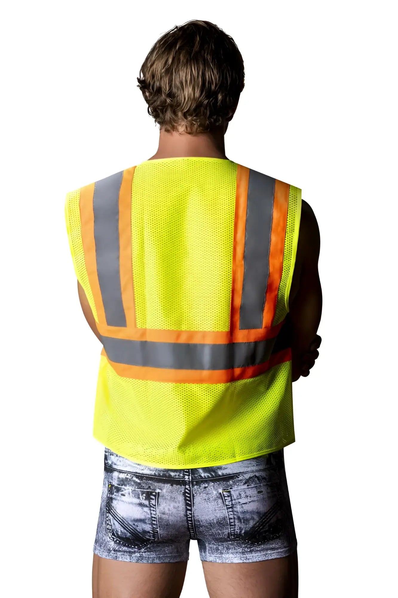 Bright yellow high-visibility safety vest with reflective gray and orange stripes for male power mpc-010 denim costume