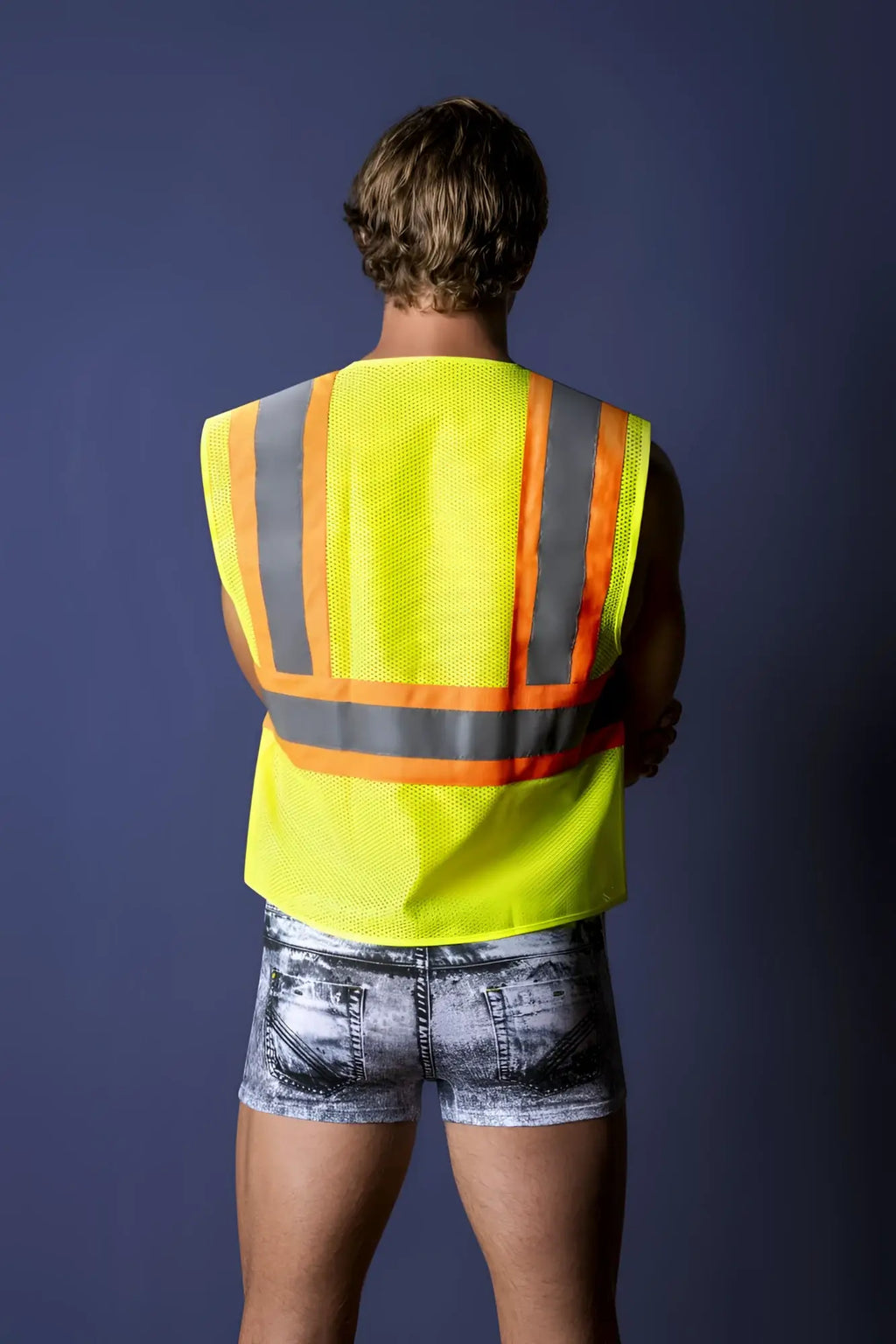 Male power mpc-010 working hard costume denim with bright yellow high-visibility safety vest with reflective stripes