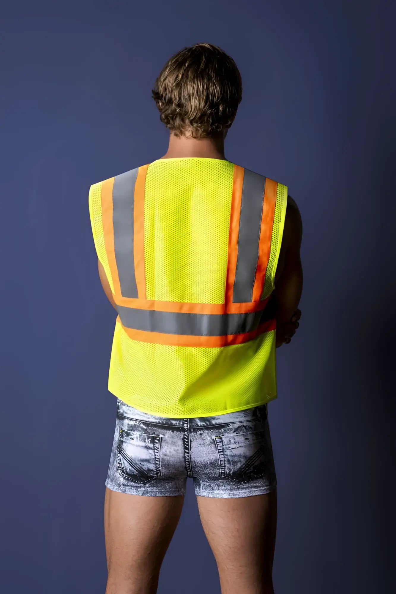 Male power mpc-010 working hard costume denim with bright yellow high-visibility safety vest with reflective stripes