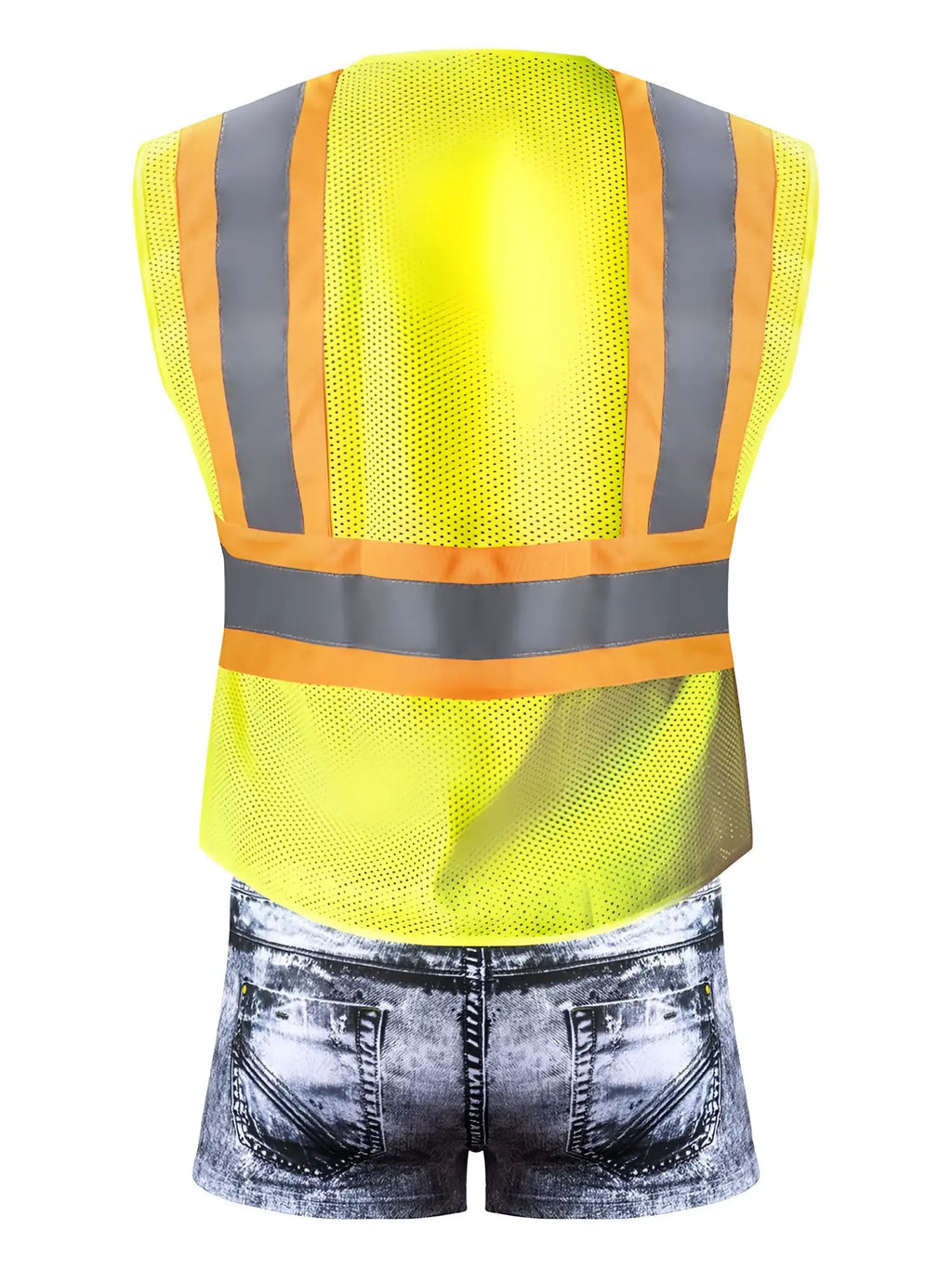 Bright yellow high-visibility safety vest with reflective gray and orange stripes for male power mpc-010 working hard costume