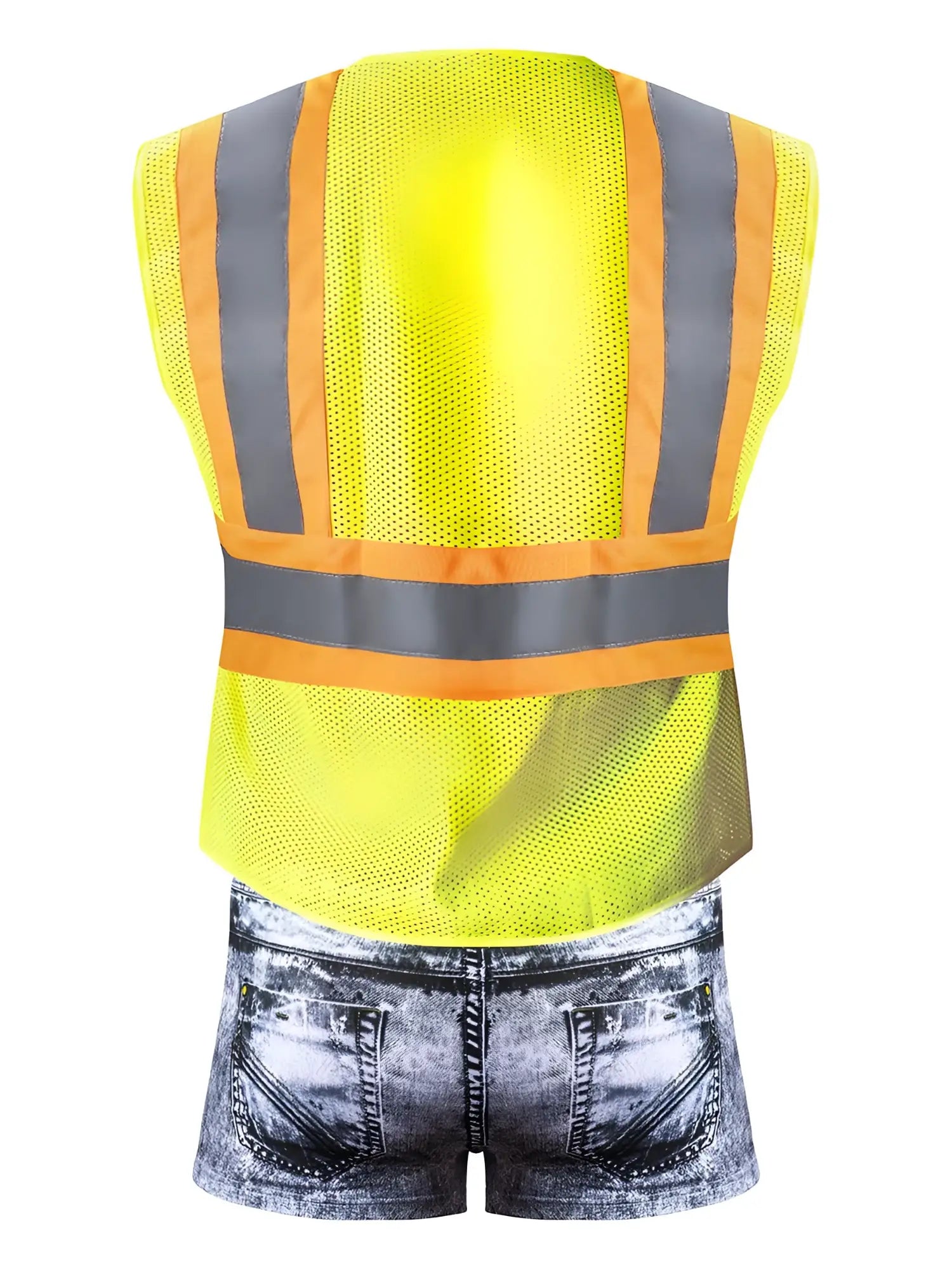 Bright yellow high-visibility safety vest with reflective gray and orange stripes for male power mpc-010 working hard costume