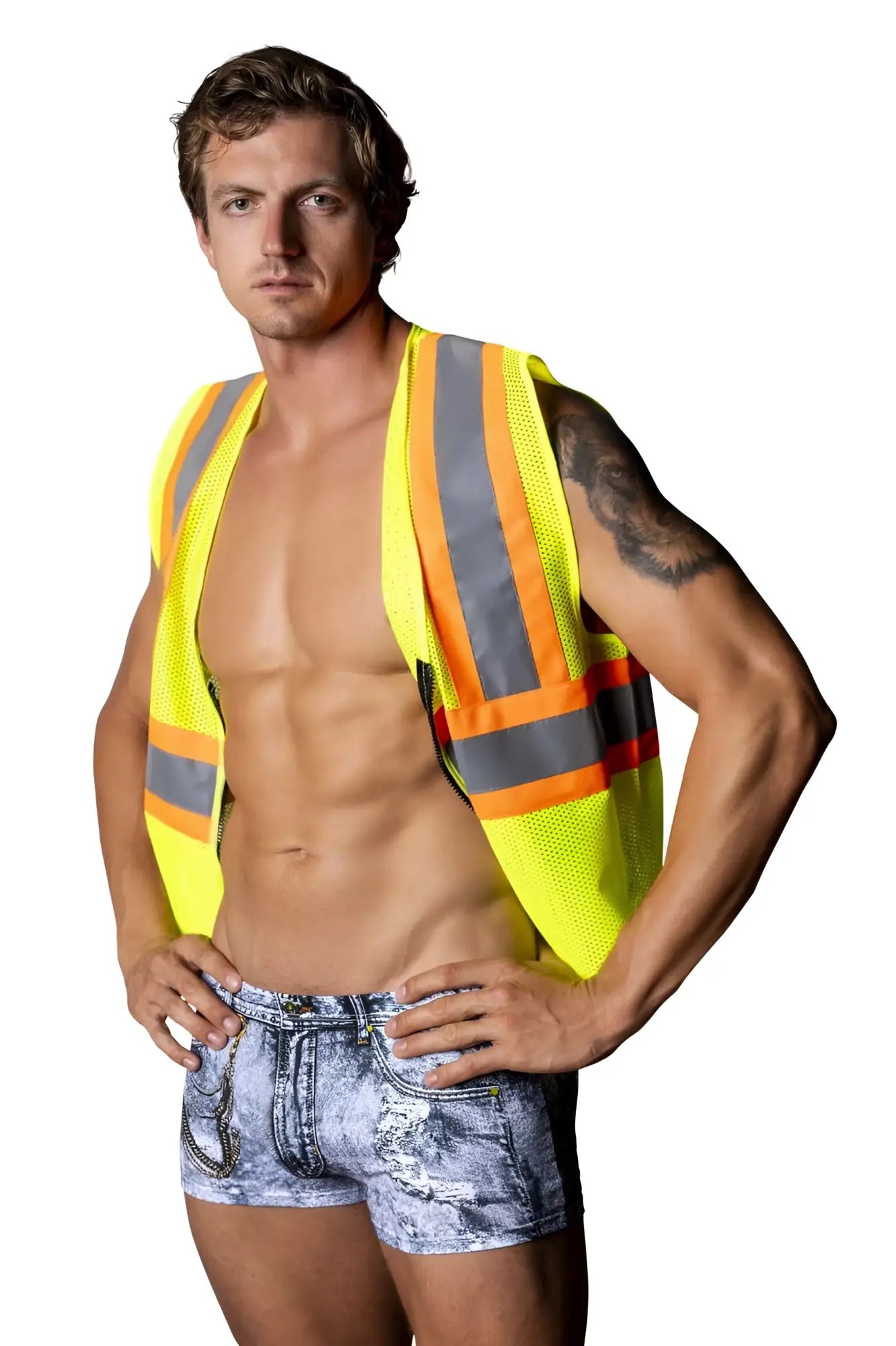 Male Power MPC-010 working hard costume denim with bright yellow safety vest and reflective gray and orange stripes