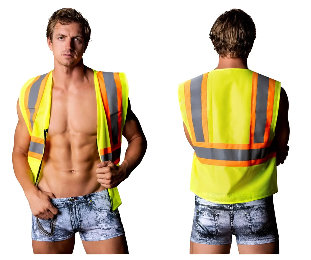 Male power mpc-010 working hard costume bright yellow safety vest with reflective orange and gray stripes in denim color