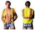 Male power mpc-010 working hard costume bright yellow safety vest with reflective orange and gray stripes in denim color