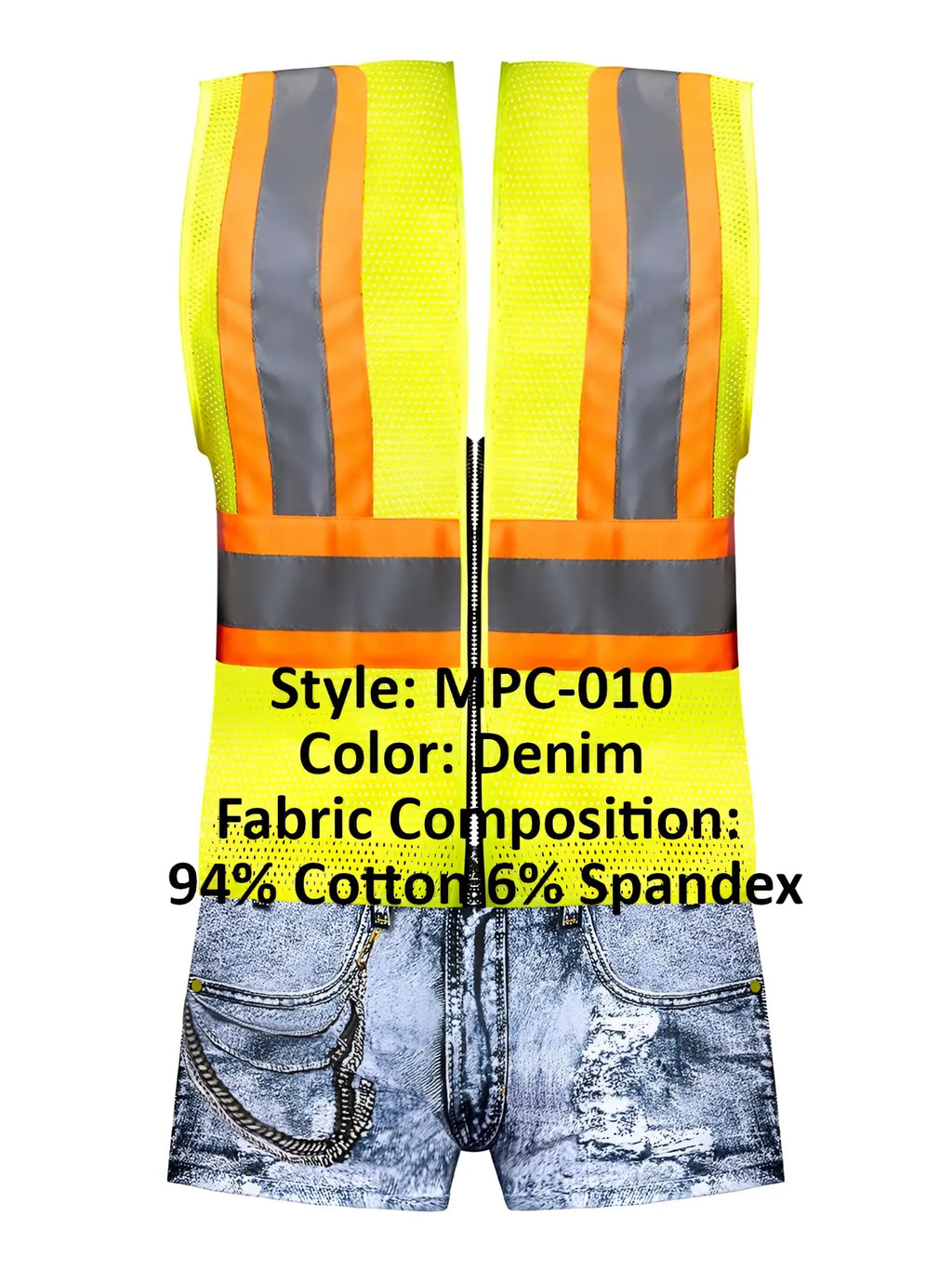 Male power mpc-010 working hard costume with high-visibility yellow mesh vest with reflective stripes and denim shorts