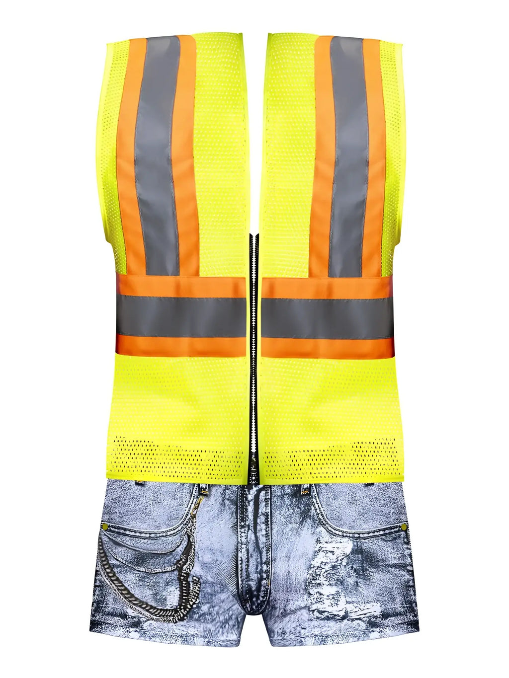 Male power mpc-010 working hard costume in denim color featuring a high-visibility yellow mesh safety vest with reflective stripes