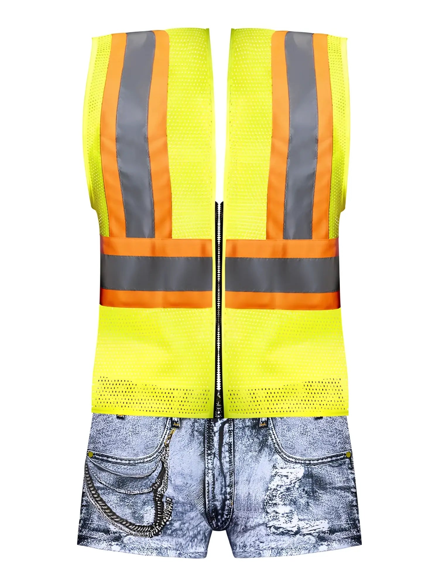 Male power mpc-010 working hard costume in denim color featuring a high-visibility yellow mesh safety vest with reflective stripes