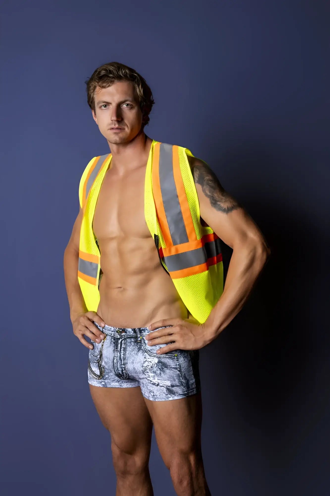 Yellow safety vest with reflective orange and gray stripes from male power mpc-010 working hard costume denim