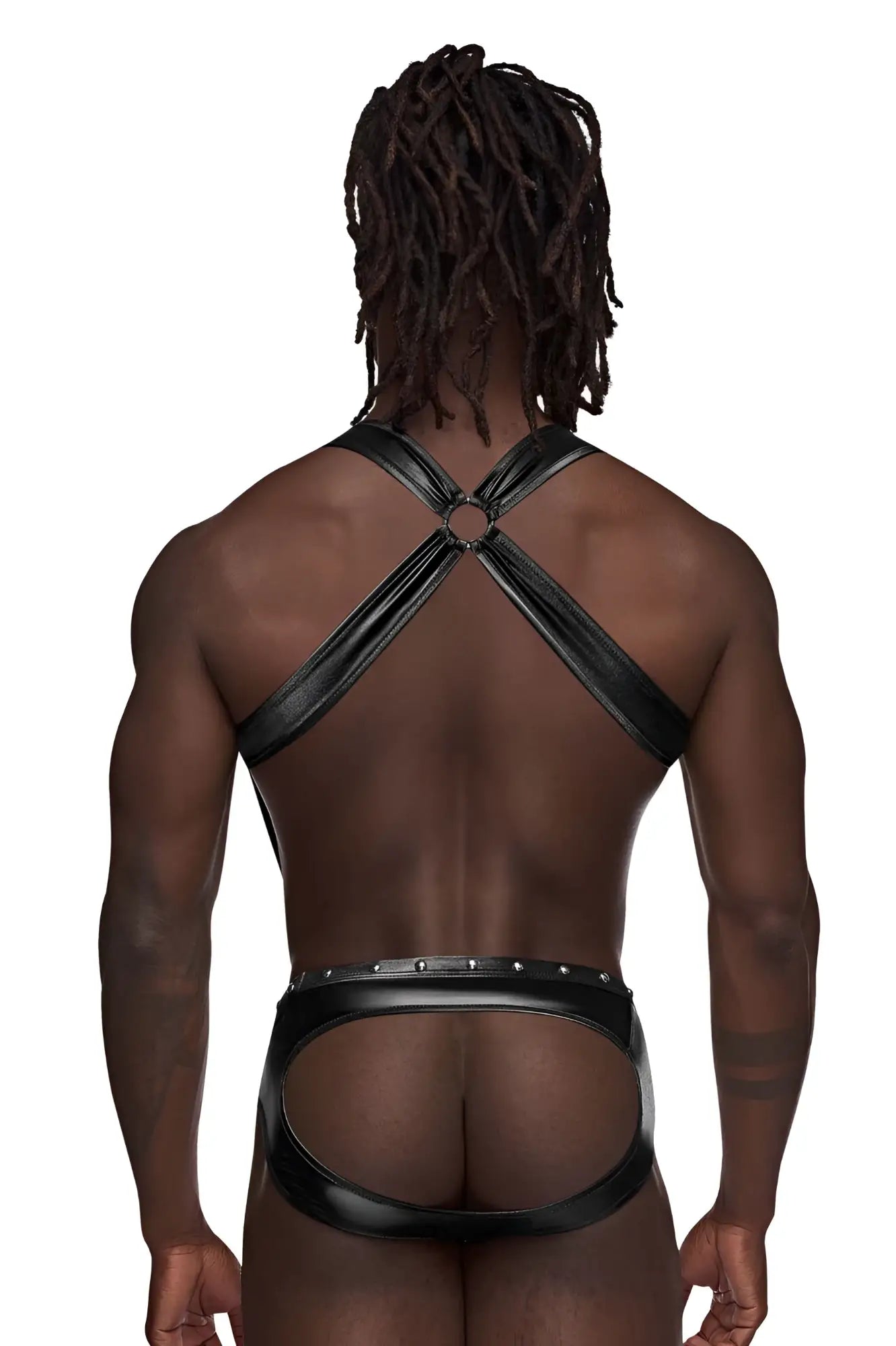 Black faux leather male power pAK-154 fetish uranus jockstrap back with crisscross straps and silver stud waistband