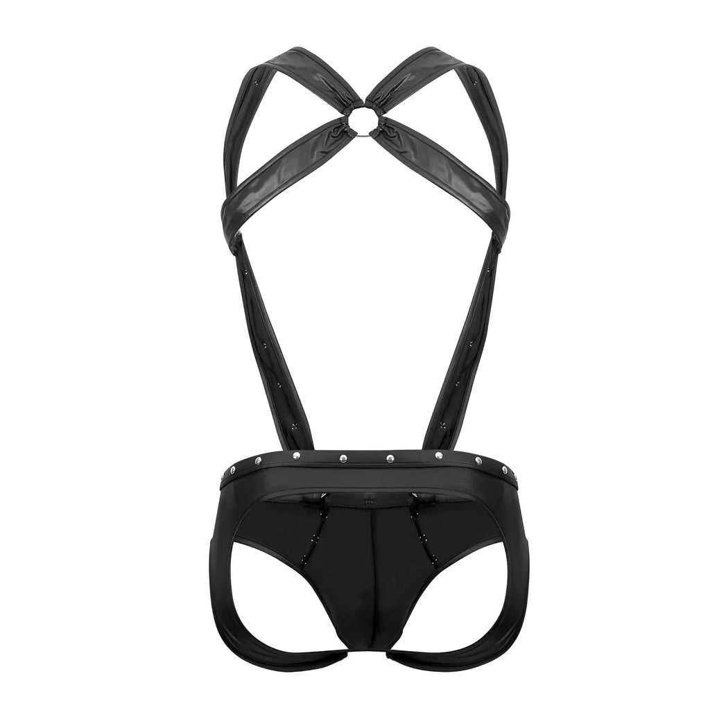Black faux leather male power PAK-154 fetish uranus jockstrap back view with crisscross straps and silver stud waistband