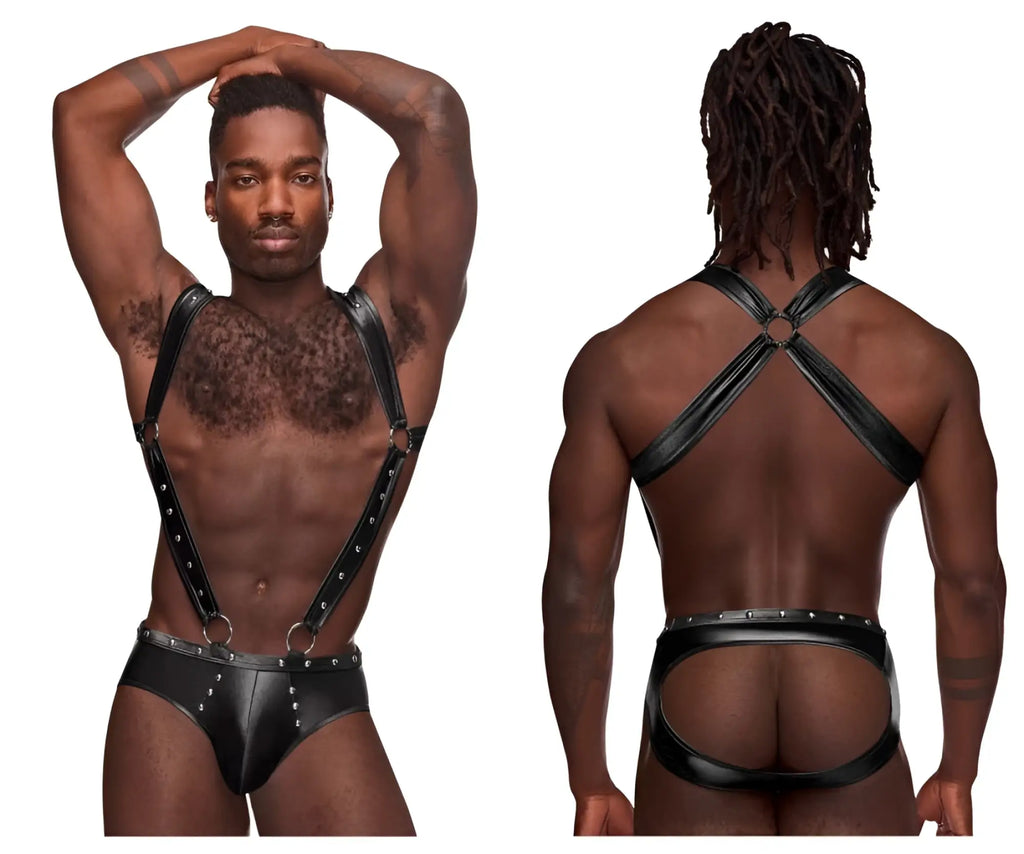 Black leather harness bodysuit with studded straps and back cross design shown from the back for male power pak 154