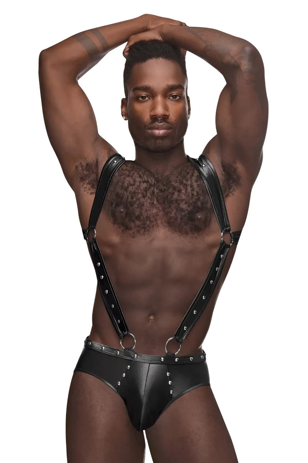Male power pak-154 fetish uranus black leather jockstrap harness set with silver studs and metal rings