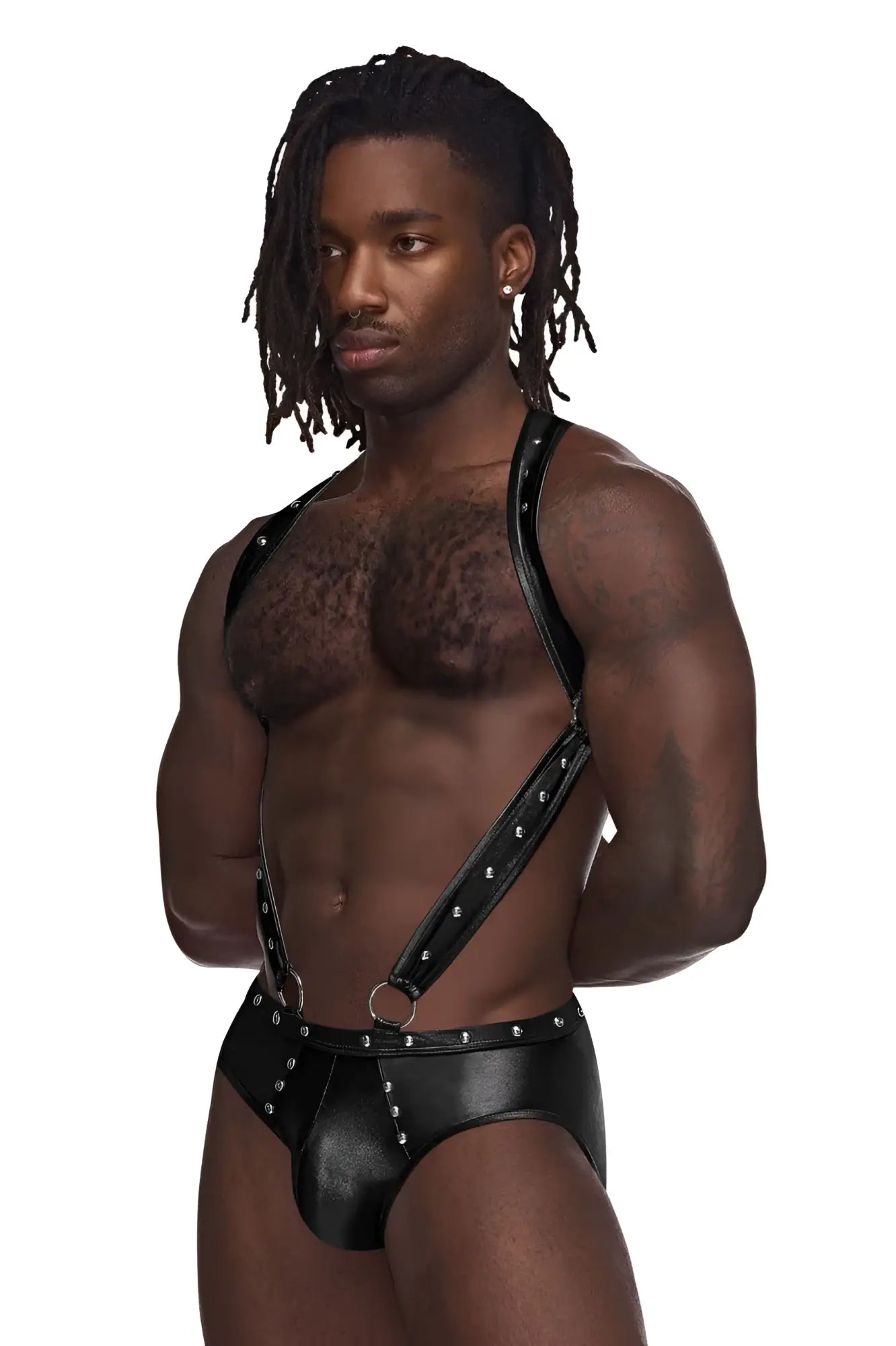 Black leather harness-style bodysuit with silver studs and metal rings from male power pak-154 fetish uranus jockstrap