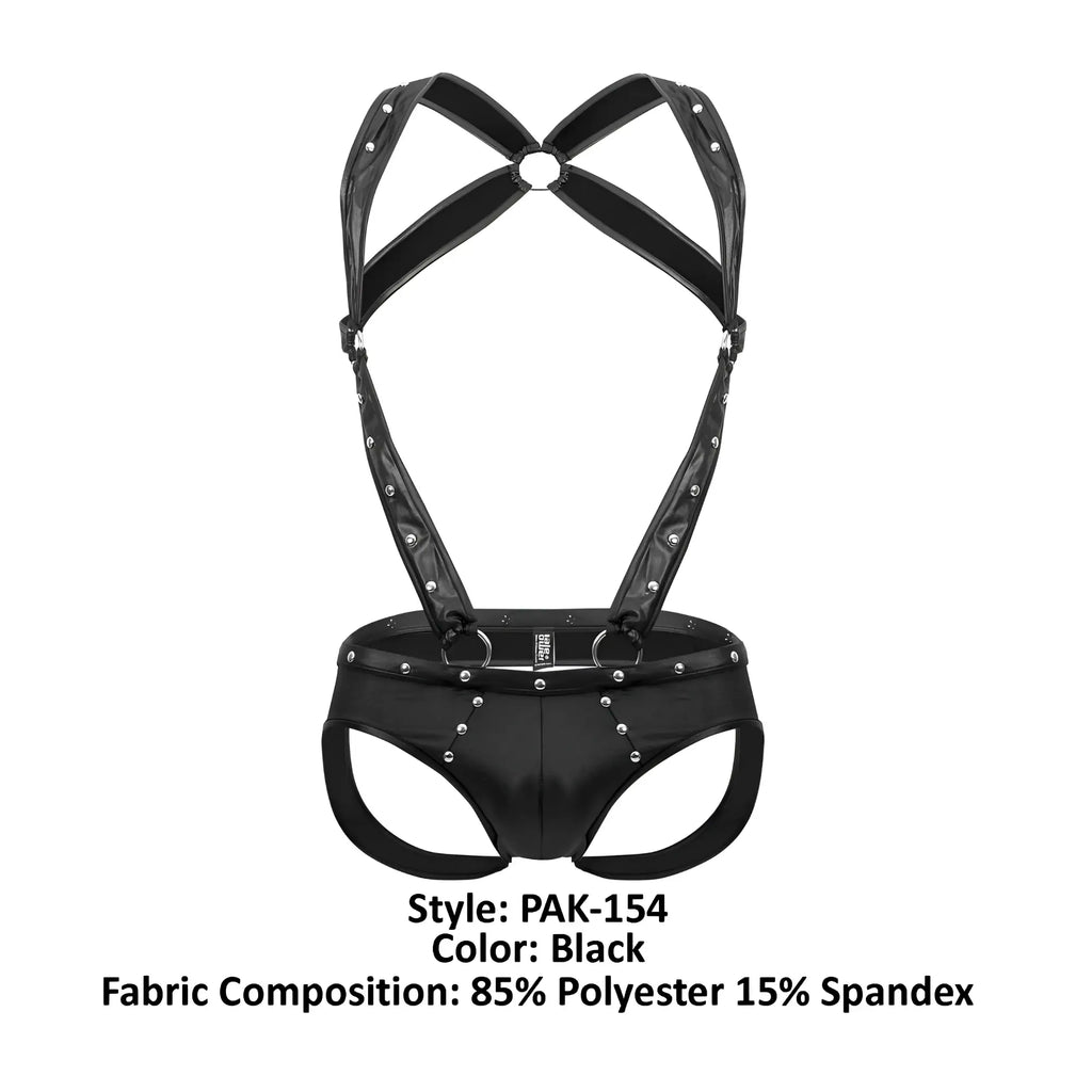 Black leather-like harness-style male power PAK-154 fetish uranus jockstrap with silver studs and rings
