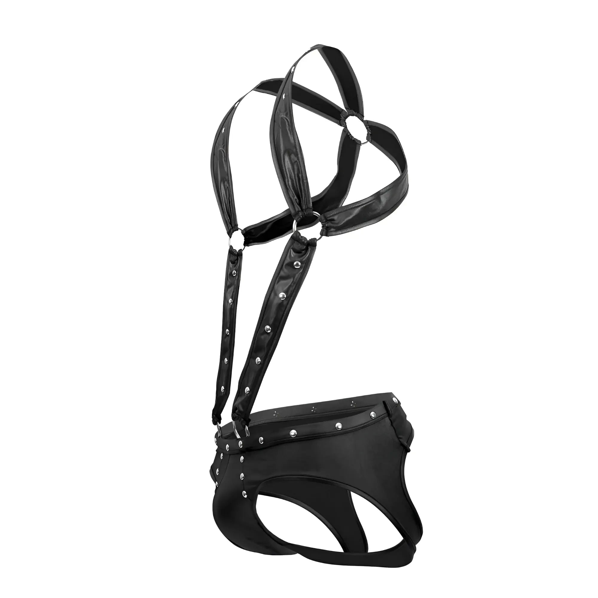 Male power pak 154 fetish uranus black patent leather jockstrap with silver studs harness and metal rings