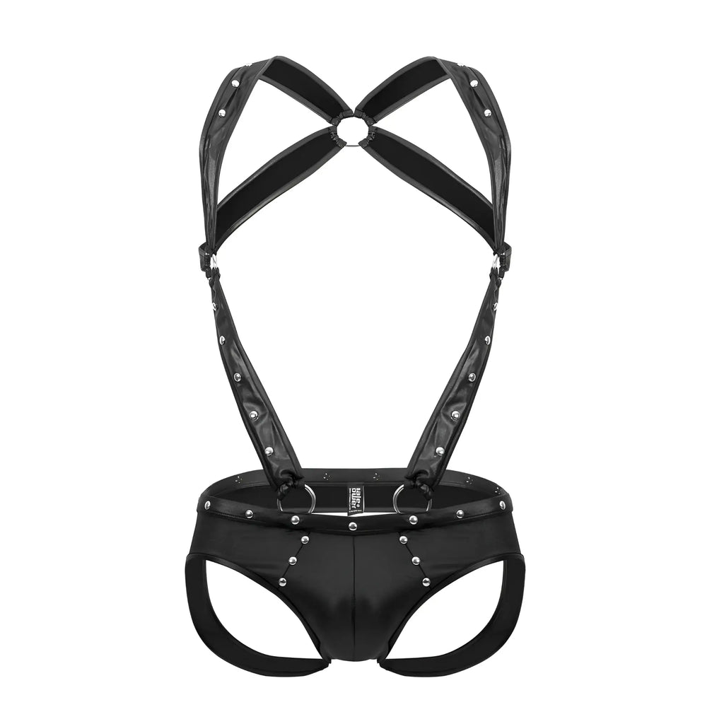 Black patent leather harness-style male power jockstrap with silver studs and adjustable straps showing front view