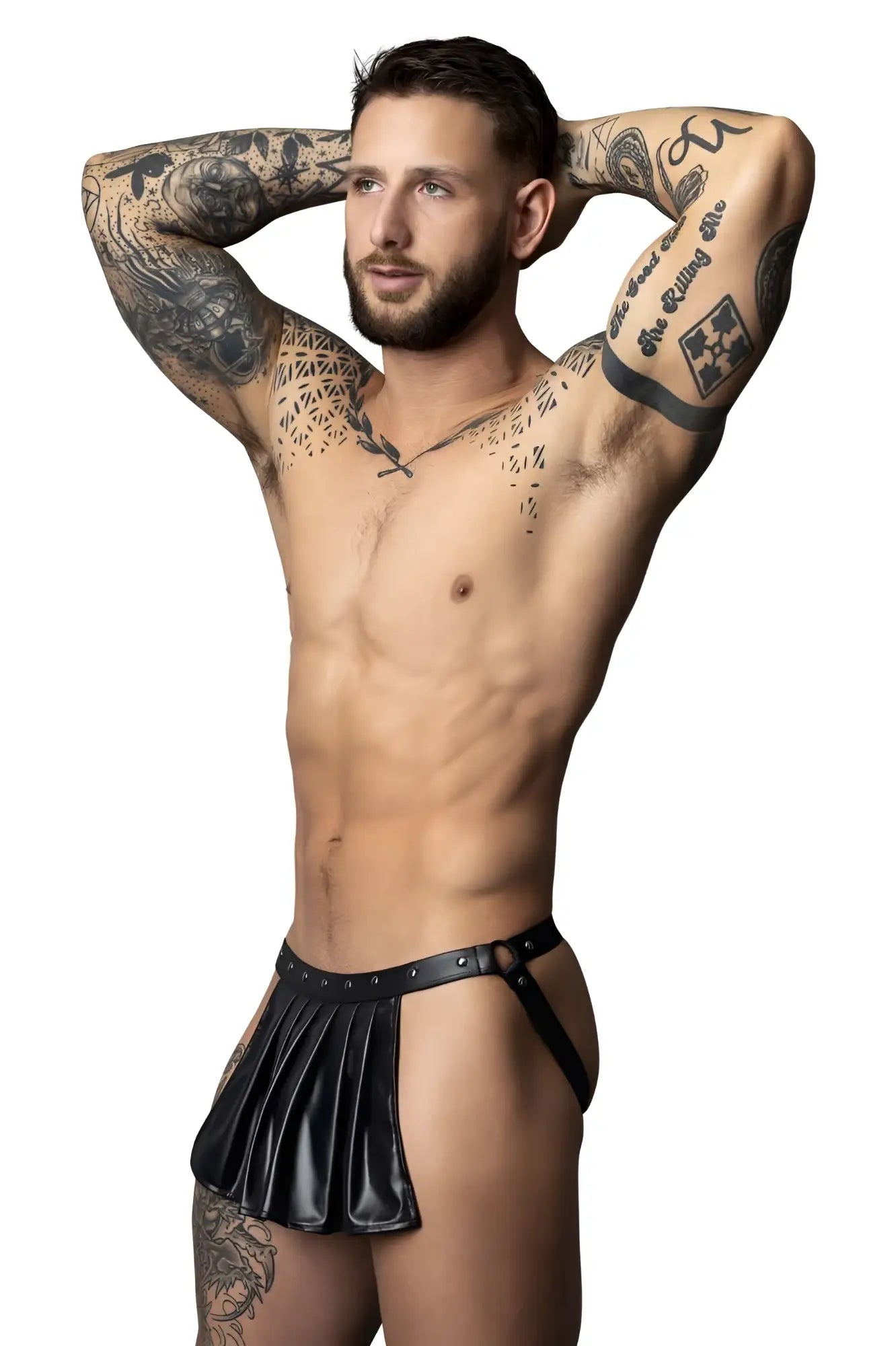 Black faux leather pleated Male Power PAK-158 fetish Spartacus briefs with studded waistband in black color