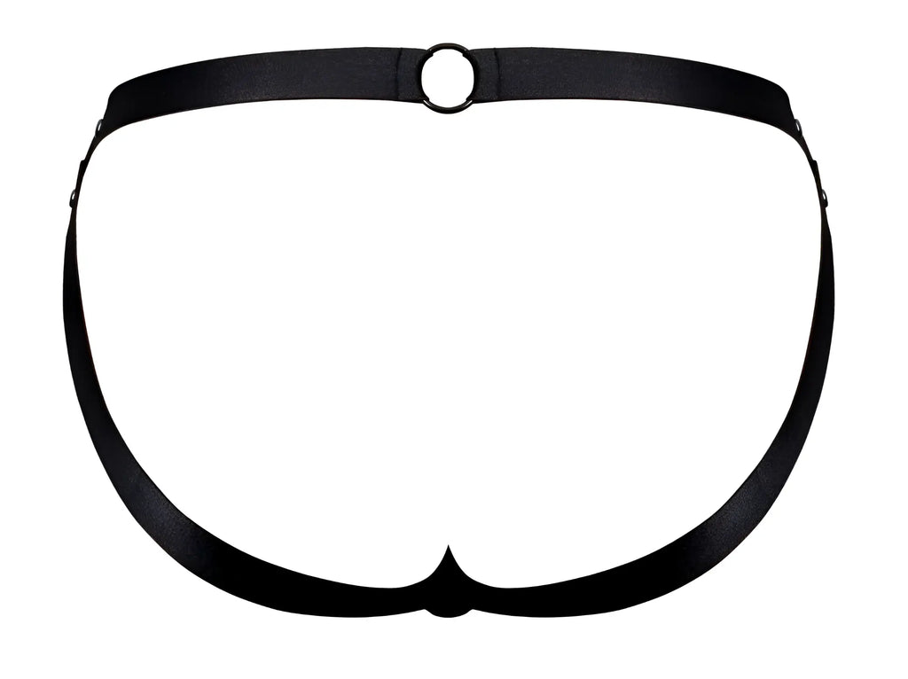 Black leather male power PAK-158 fetish Spartacus harness with central circular ring and adjustable side straps