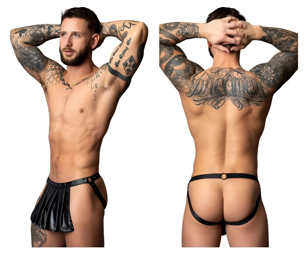 Male power pak-158 black leather thong with pleated skirt detail and adjustable straps shown from the back side