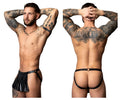 Male power pak-158 black leather thong with pleated skirt detail and adjustable straps shown from the back side