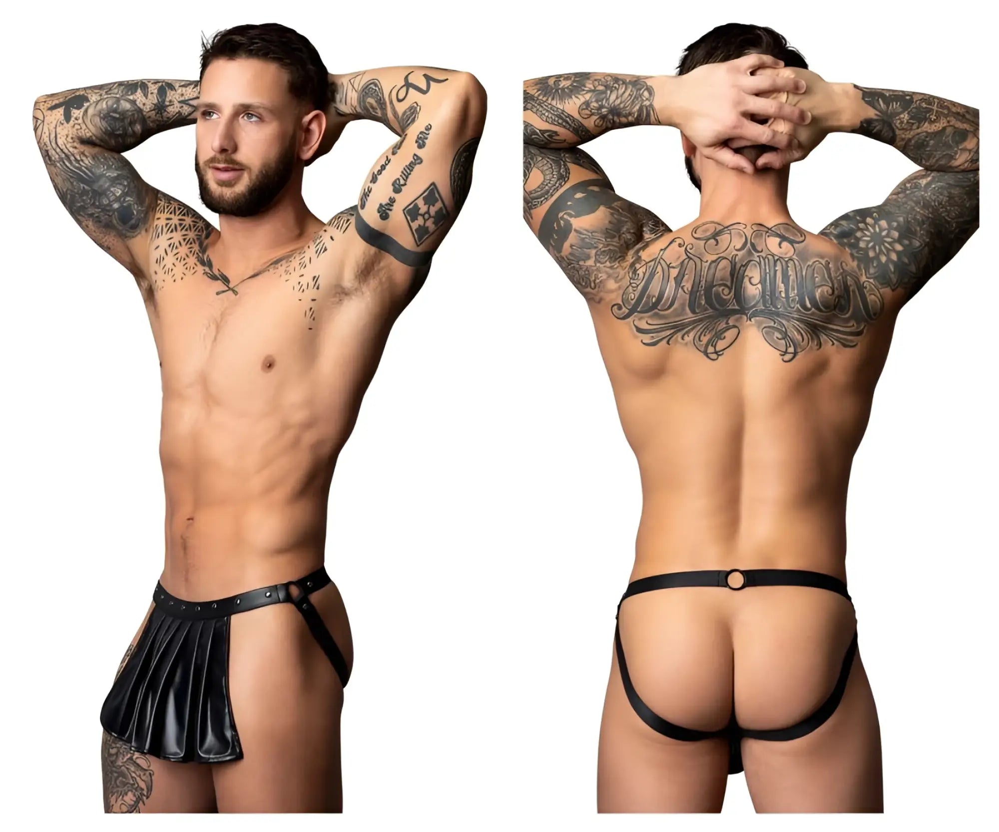 Male power pak-158 black leather thong with pleated skirt detail and adjustable straps shown from the back side