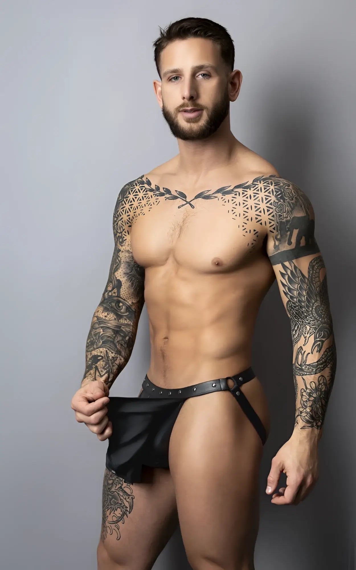 Male power pak-158 fetish spartacus black leather thong with silver studs and central buckle for men