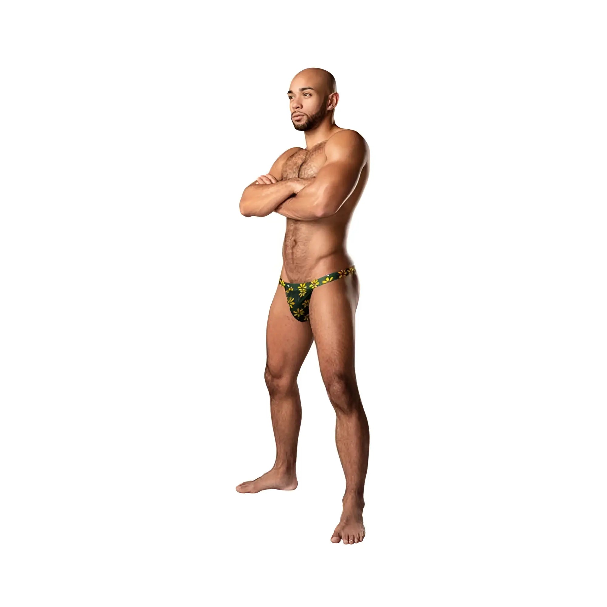 Male power petal power micro thong l/xl black briefs with vibrant yellow daisy floral print front view