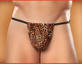 Male power posing strap thong underwear leopard print with black elastic waistband size one size front view
