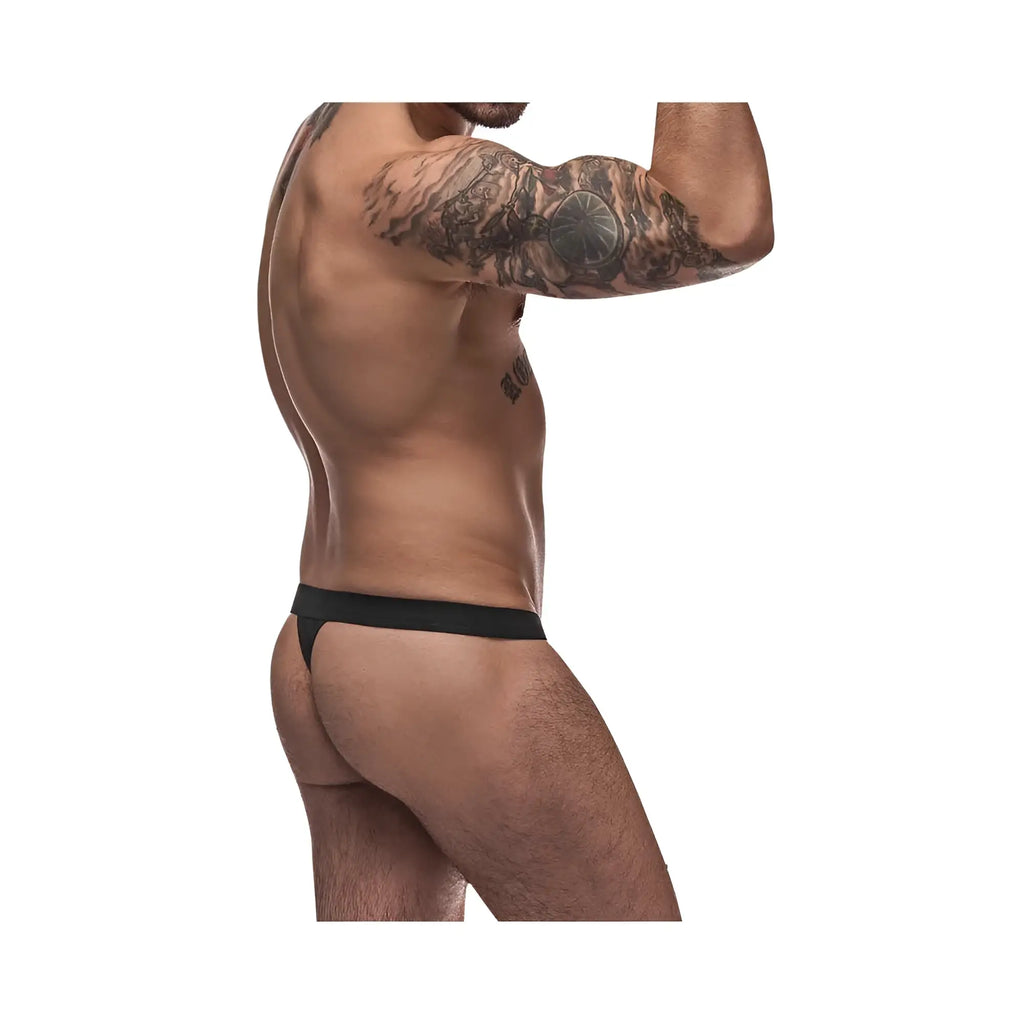Male Power Pure Comfort modal black thong with a narrow waistband shown from the back side