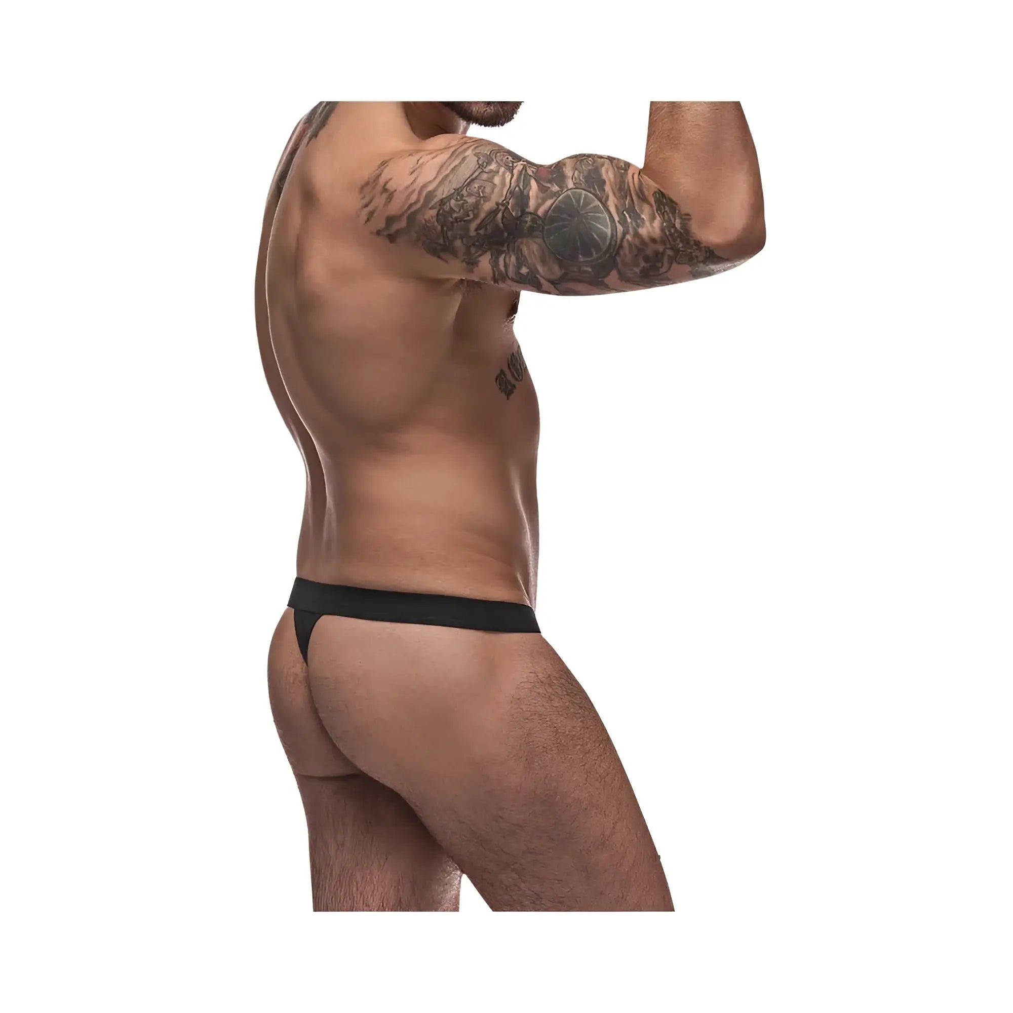 Male Power Pure Comfort modal black thong with a narrow waistband shown from the back side