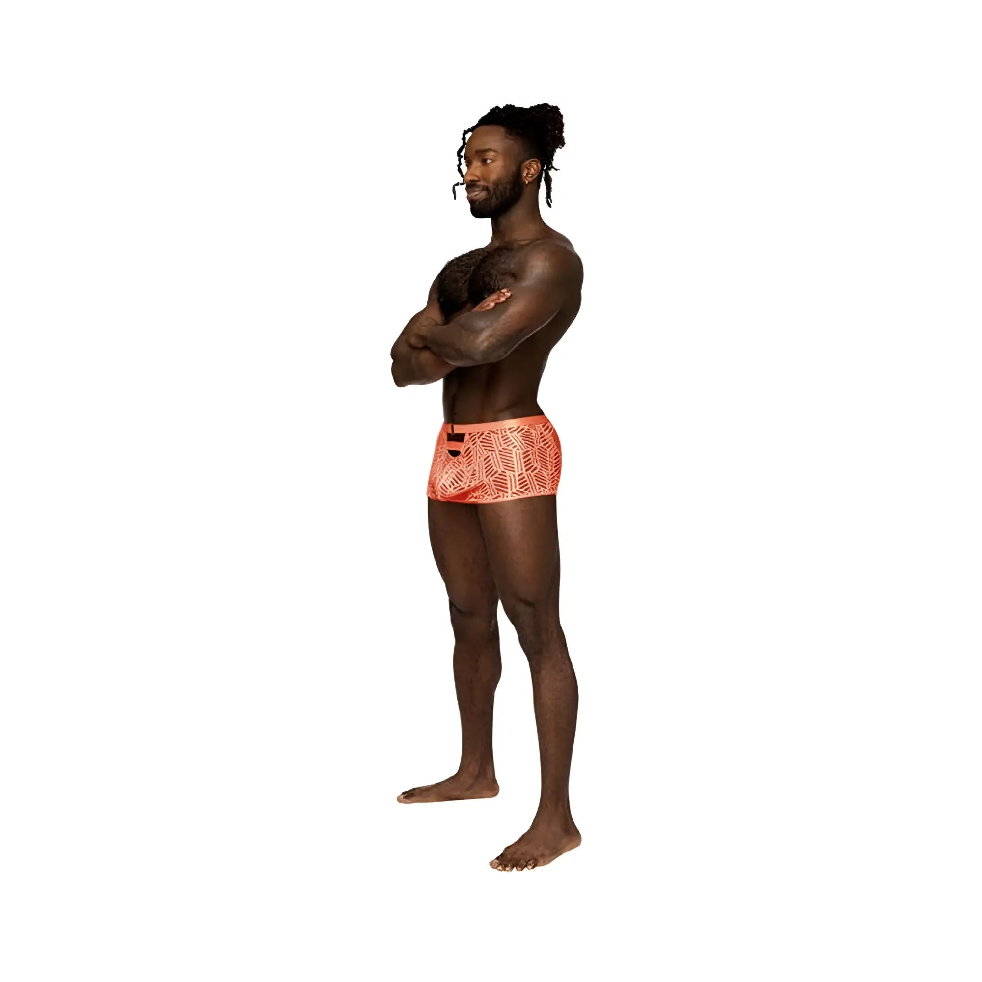 Male power rude awakening cheeky cutout short neon orange xl featuring vibrant coral swim trunks with geometric pattern and black waistband