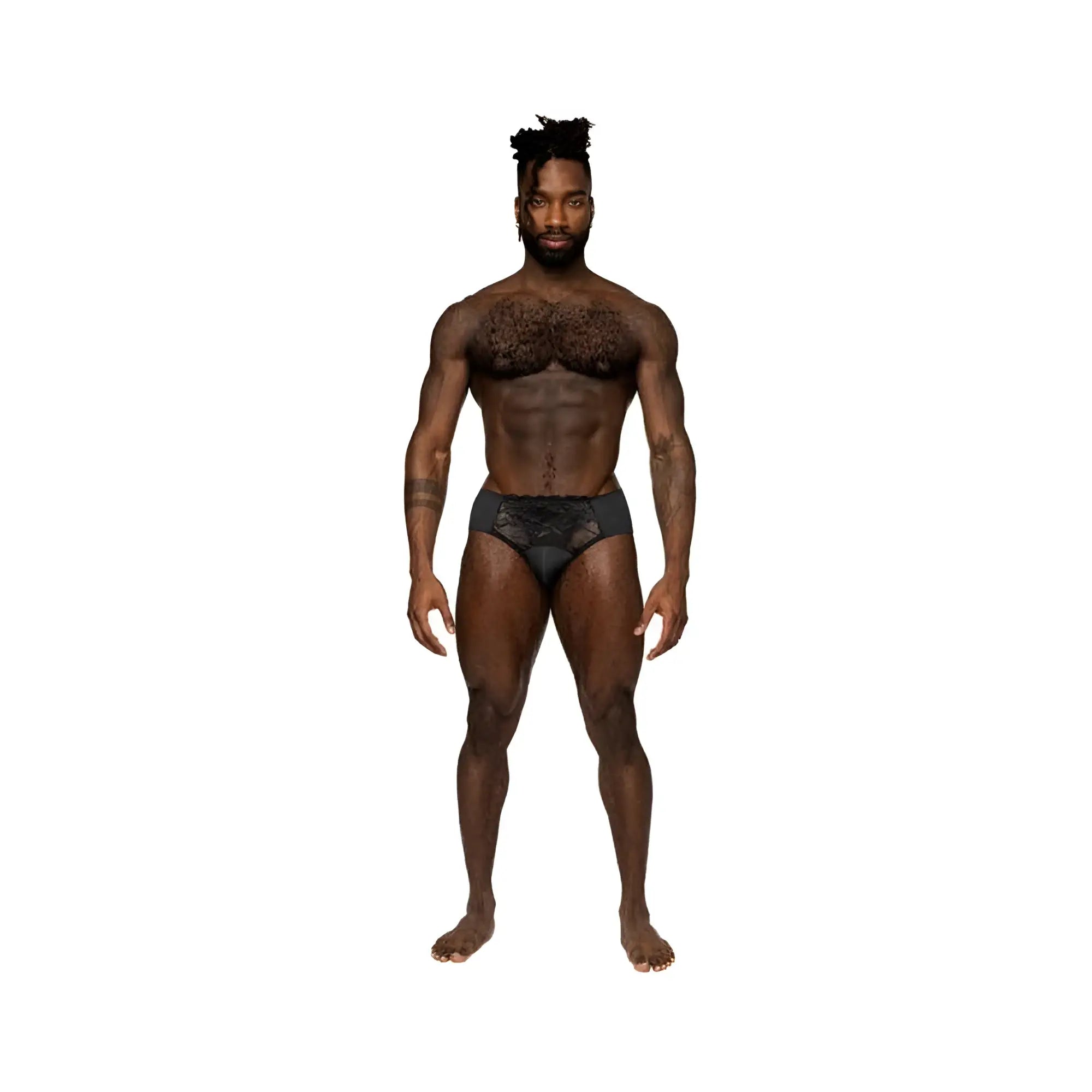 Black lace-trimmed briefs male power sassy lace bikini solid pouch in black front view