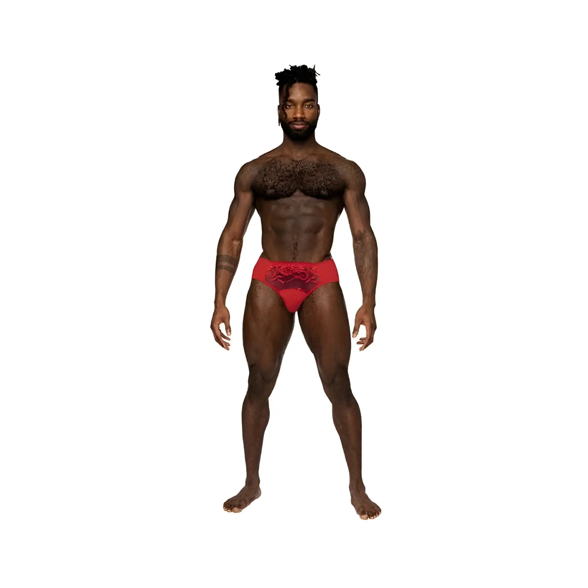 Red lace-trimmed male power sassy lace bikini briefs with solid pouch in red for men’s underwear