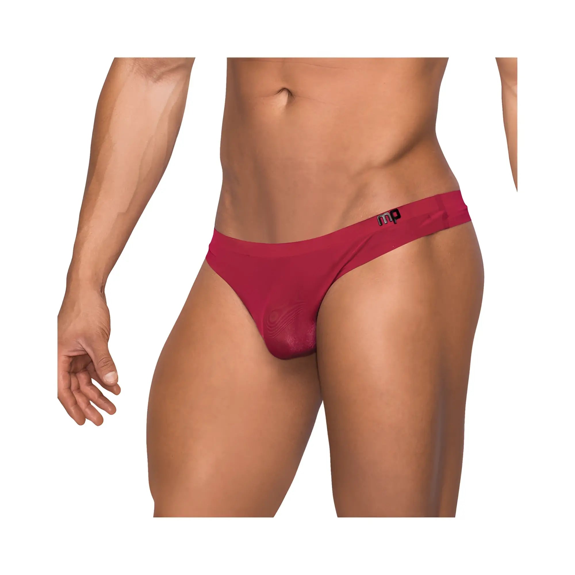 Male power seamless sleek thong in wine red with a sheer textured front pouch for a comfortable fit