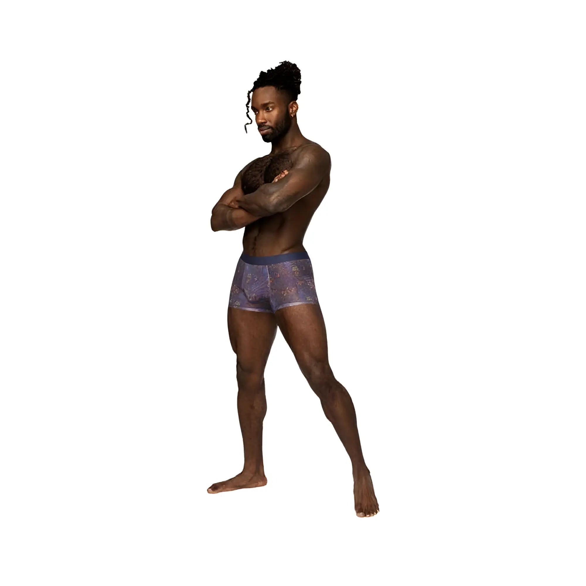 Male power sheer prints seamless sheer short boxer briefs in purple pattern with solid blue waistband front view
