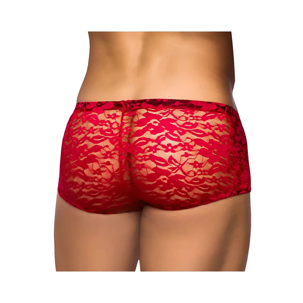 Red lace briefs with intricate floral patterns made of stretch lace for men in red x-large size