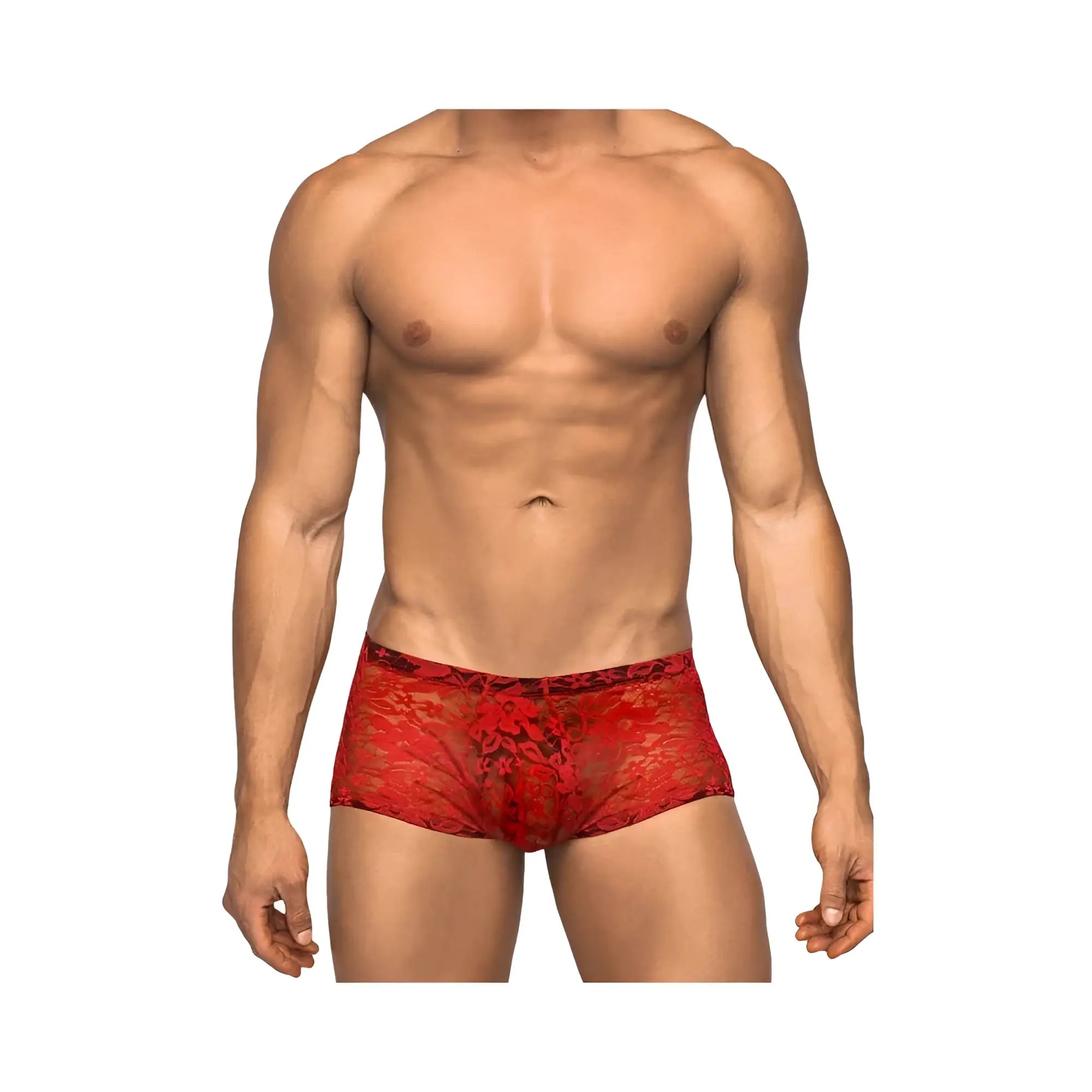 Male power stretch lace mini short red x-large red lace men’s briefs with floral pattern front view
