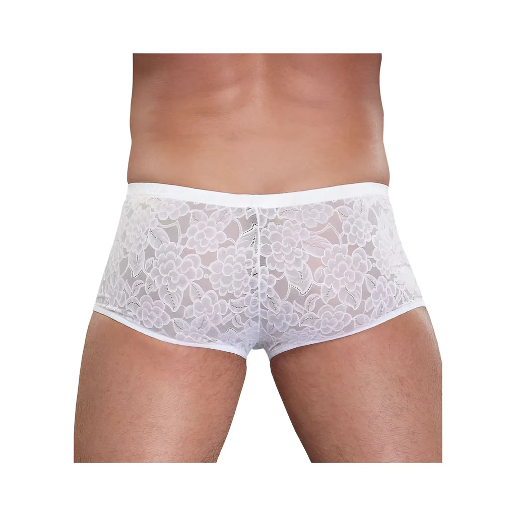Male power stretch lace mini shorts white medium featuring white floral lace briefs with elastic waistband front view