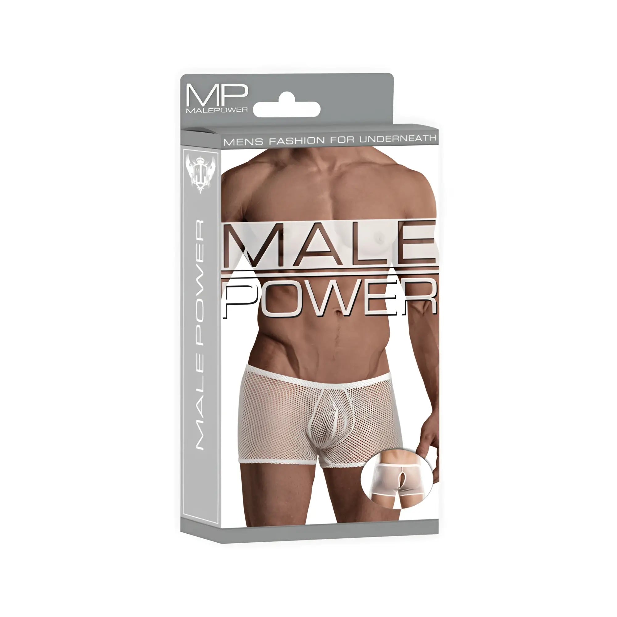 Male power stretch net peek-a-buns white l/xl men’s white mesh underwear with elastic waistband in malepower box