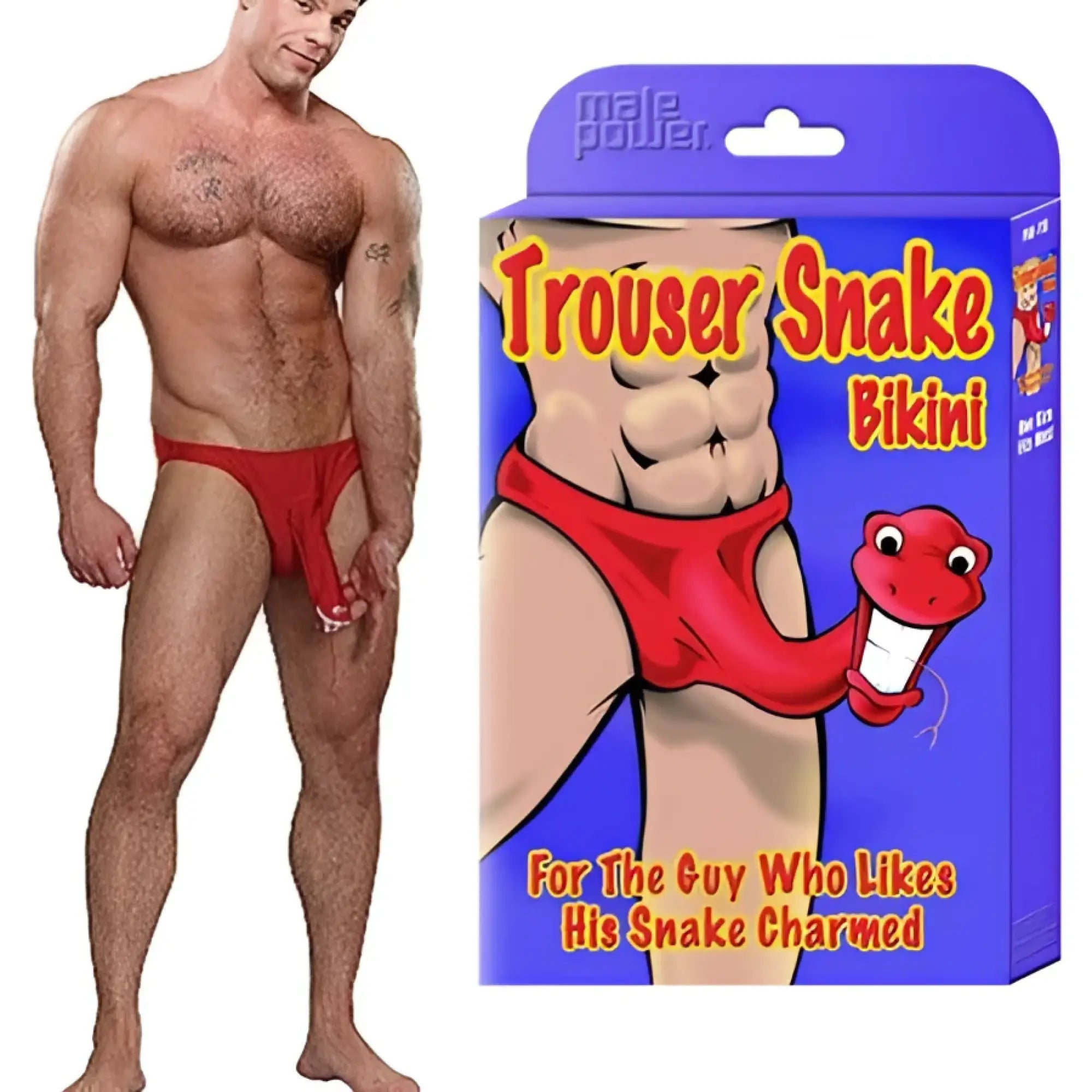 Male power red fabric trouser snake bikini with cartoon snake design for men