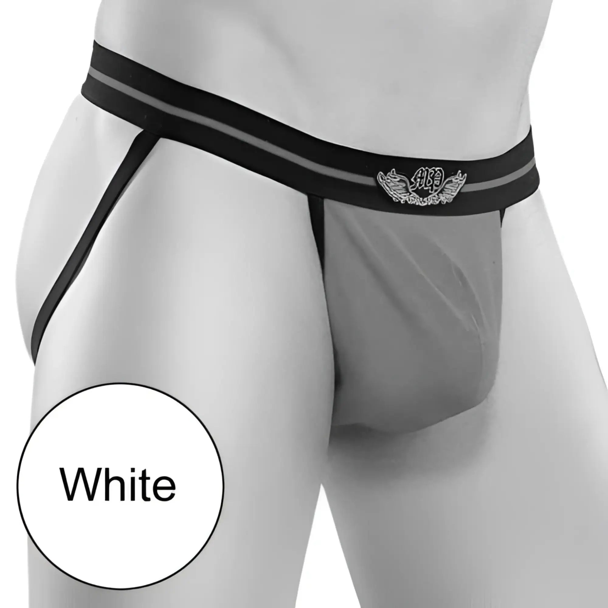 White athletic jock strap underwear with black waistband and embroidered emblem by Male Power size L/XL back view
