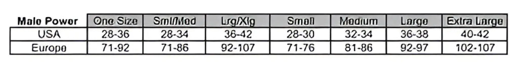 Size chart for male power wonder thong l/xl in animal print showing usa and europe measurements for underwear sizes