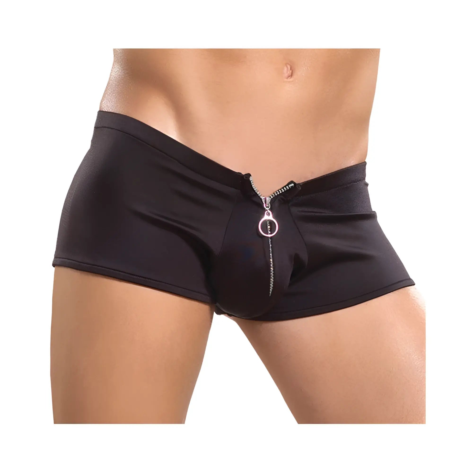 Black men’s briefs with a silver front zipper made of stretch fabric for comfortable everyday wear by Male Power