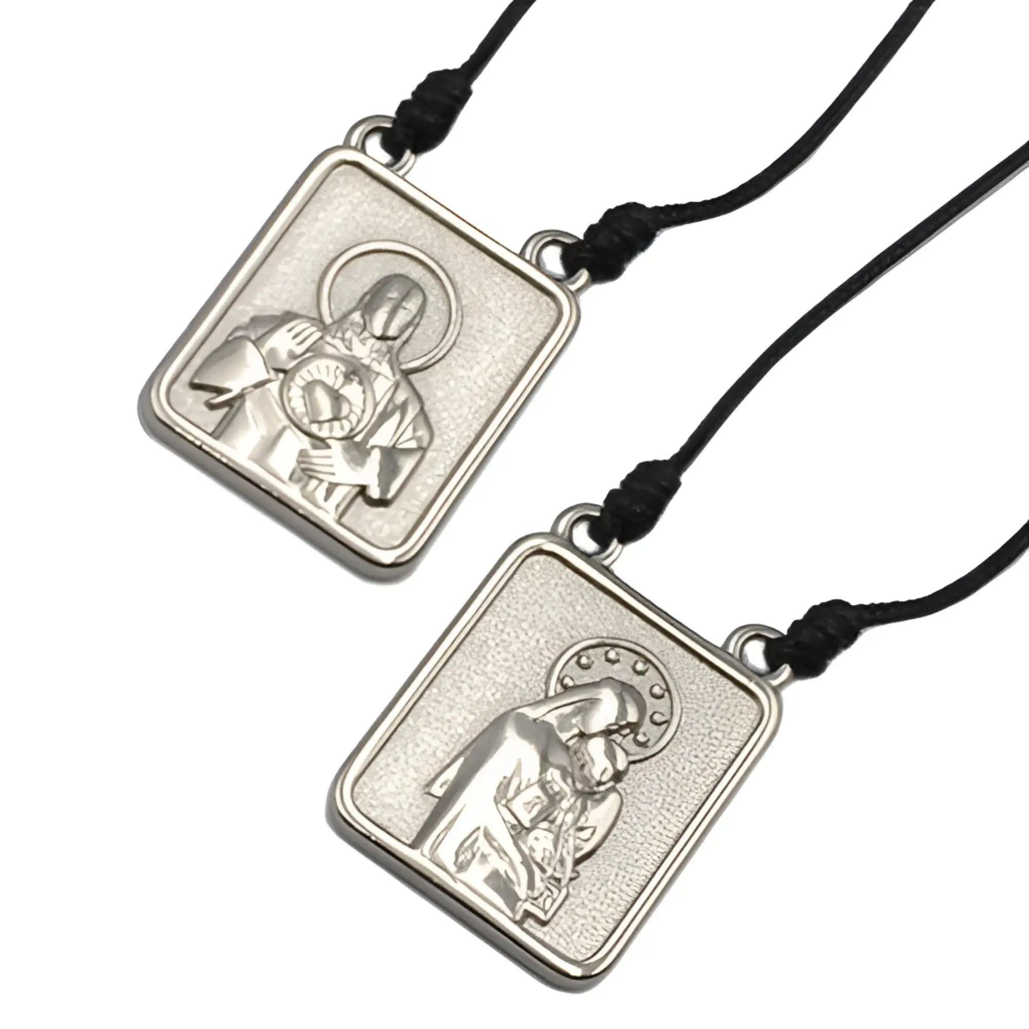 Silver rectangular male scapular pendant with engraved halo figures on black cord necklace men’s jewelry